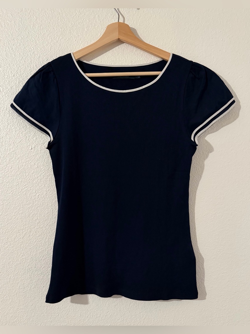 Lauren Ralph Lauren Cotton Top Womens LG Navy Blue White Trim Ribbed Cap Sleeves